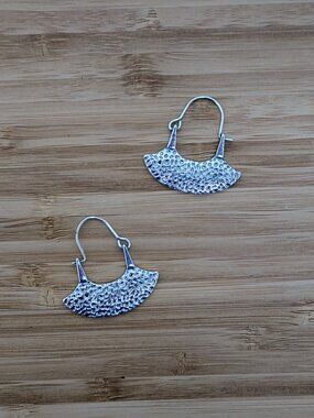 Silver Fan Hoop Earrings – Hammered Pattern & Patina, Worn Once